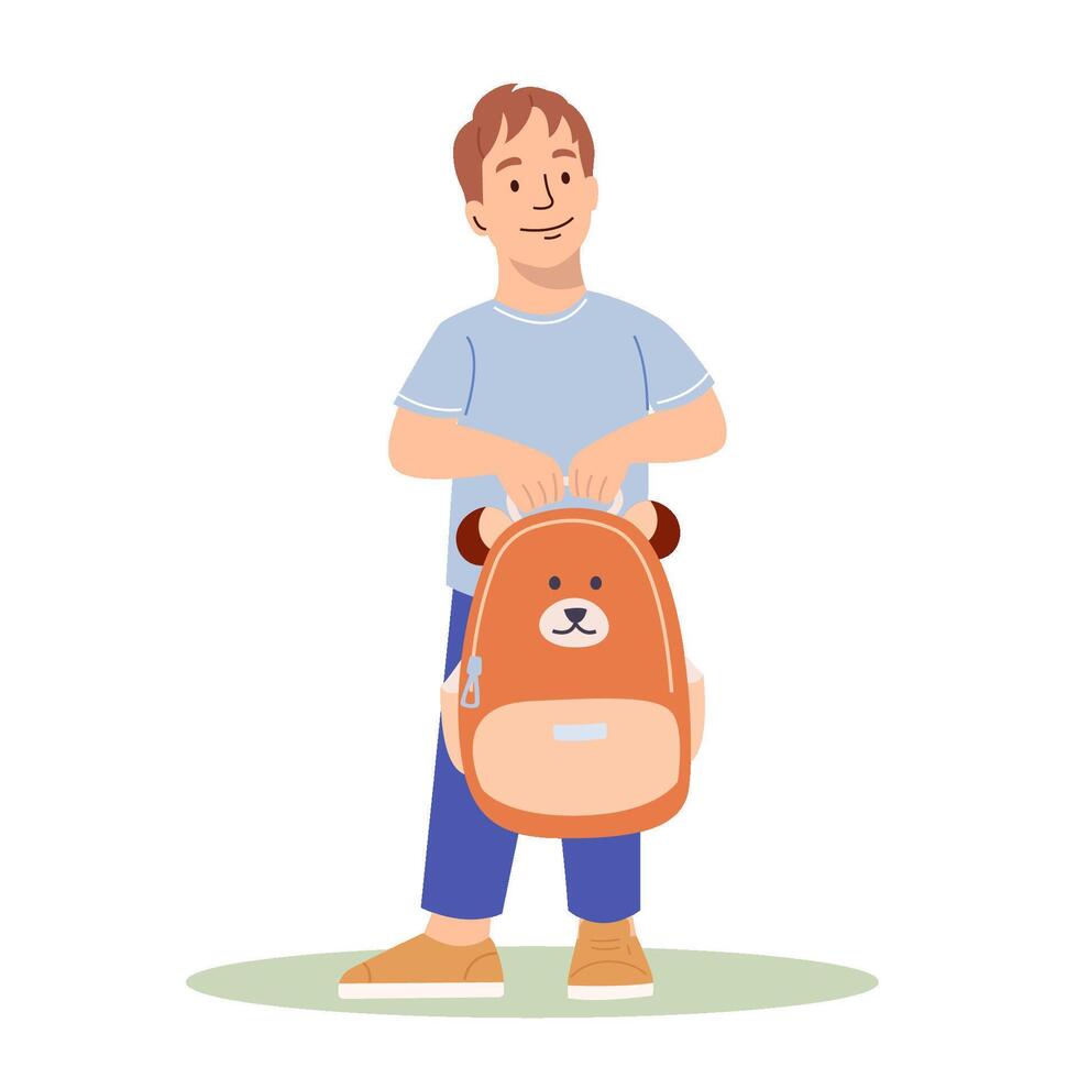 Happy child going to school for the first time with a schoolbag. Schoolboy is happy with his new backpack. Colored flat illustration of smart kid isolated on white background vector