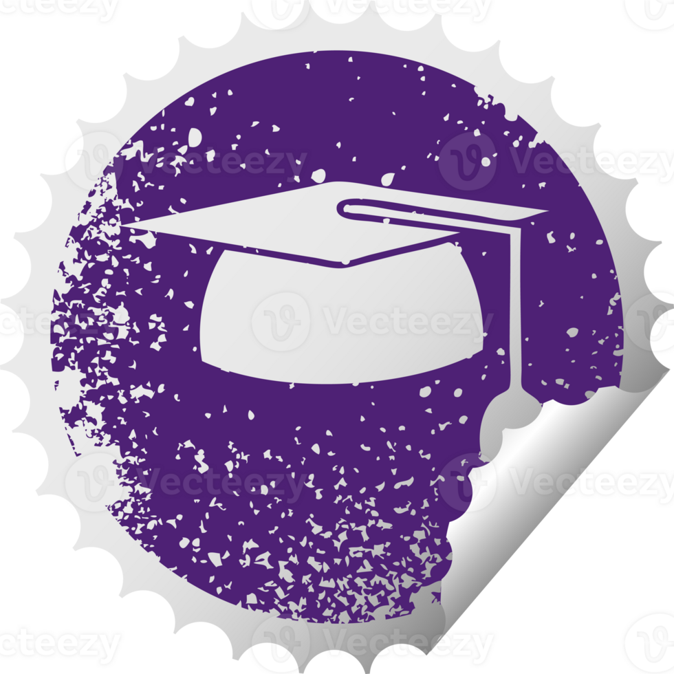 distressed circular peeling sticker symbol of a graduation hat png