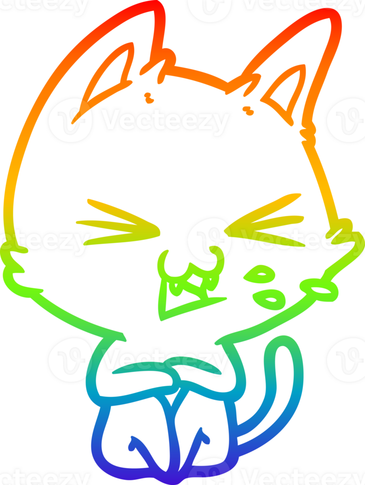 rainbow gradient line drawing of a cartoon cat hissing png