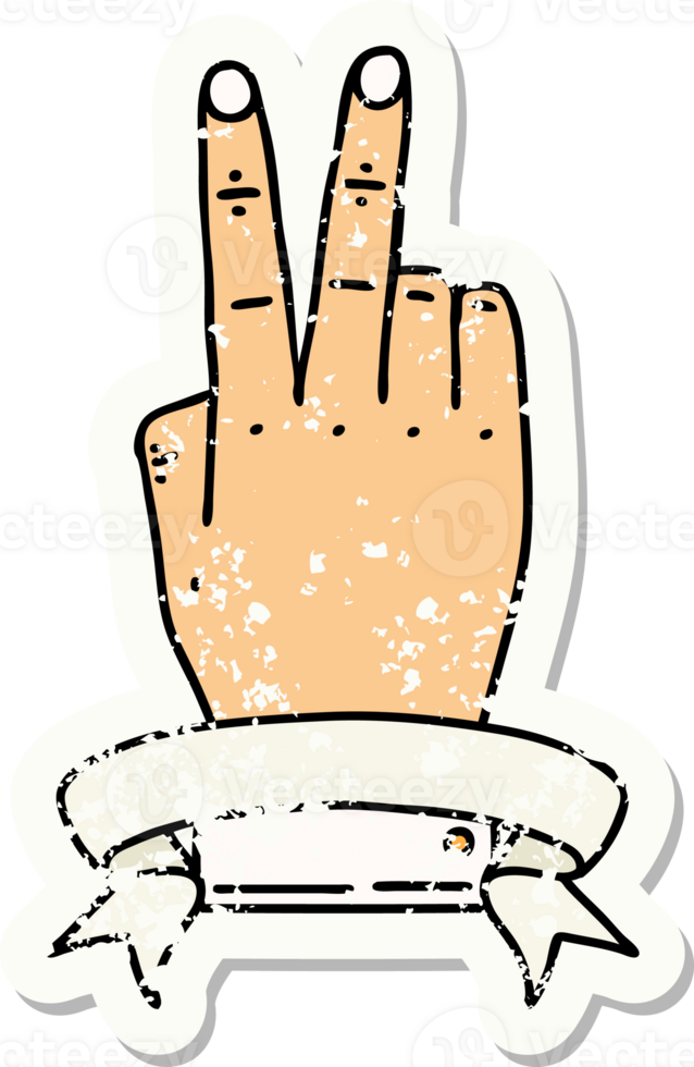 Retro Tattoo Style victory v hand gesture with banner png