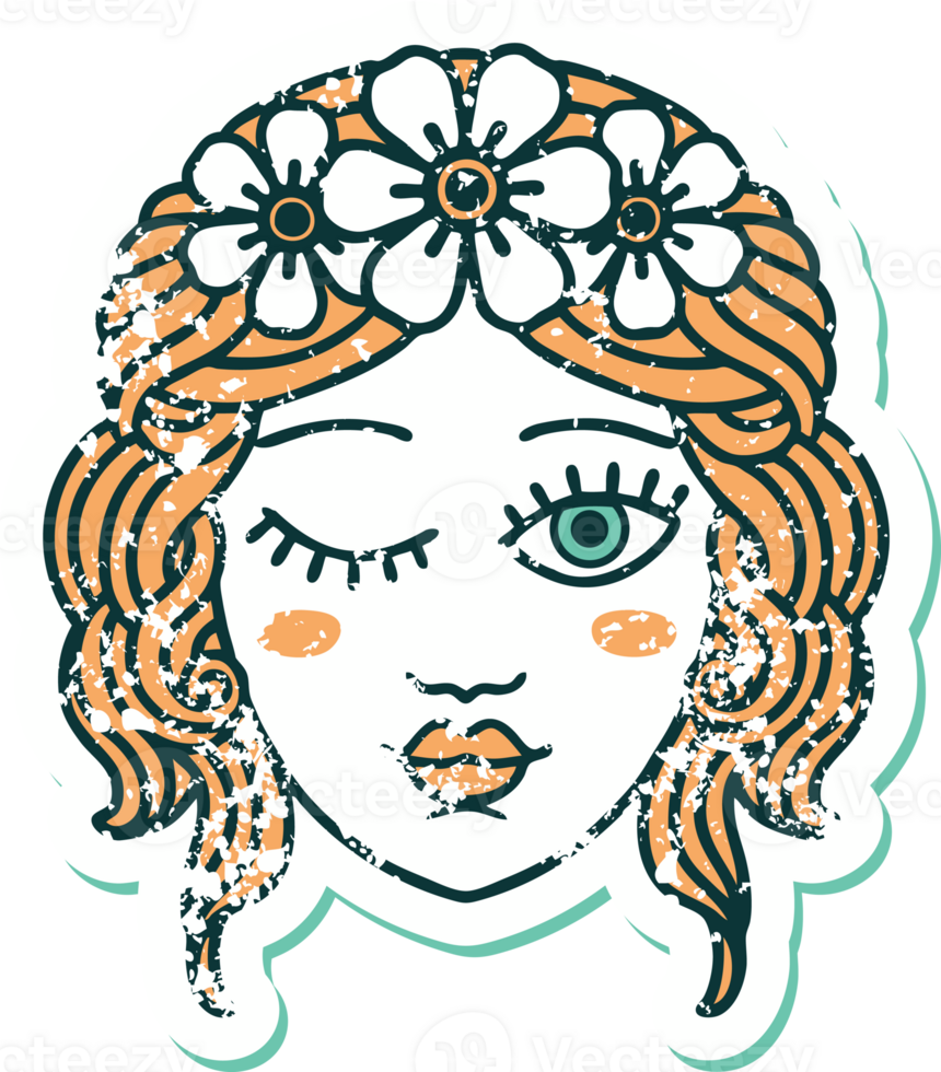 iconic distressed sticker tattoo style image of a maidens face winking png