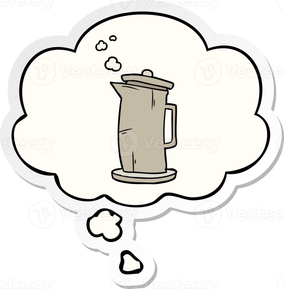 cartoon old kettle with thought bubble as a printed sticker png