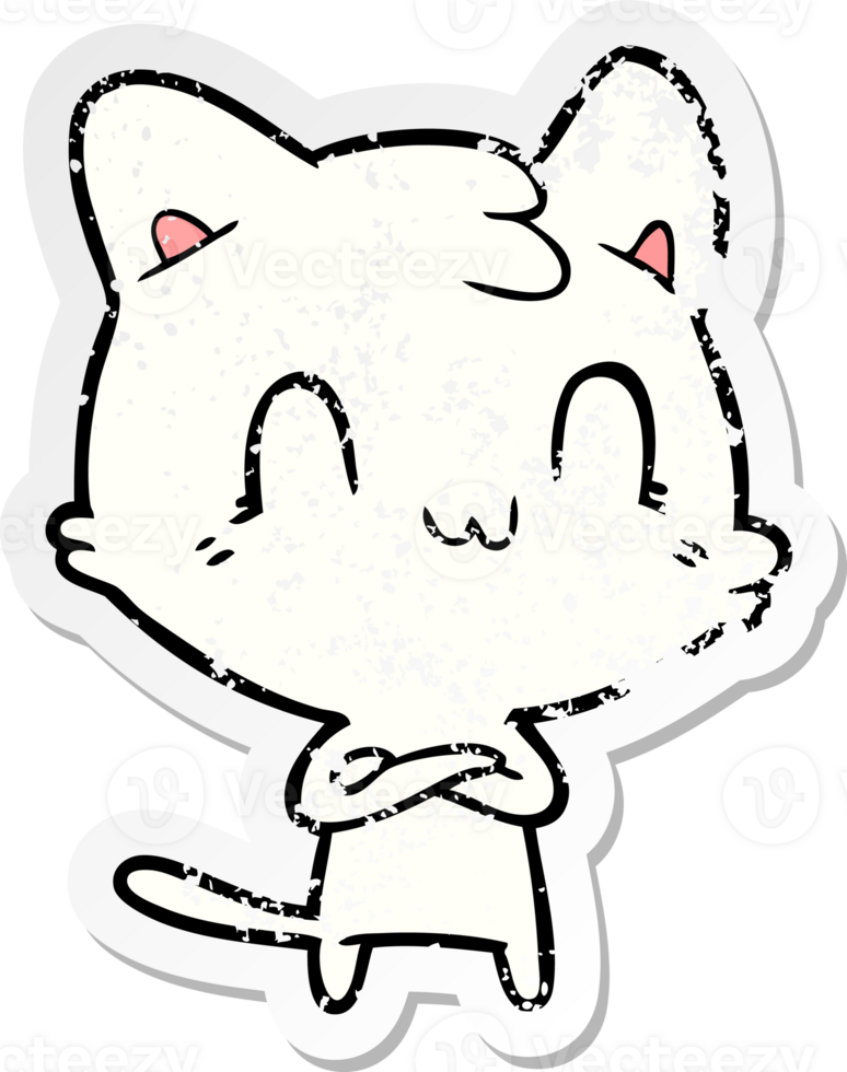 distressed sticker of a cartoon happy cat png