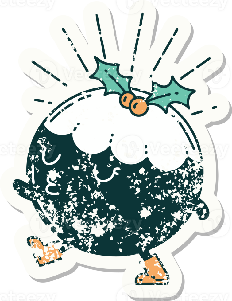 worn old sticker of a tattoo style christmas pudding character walking png