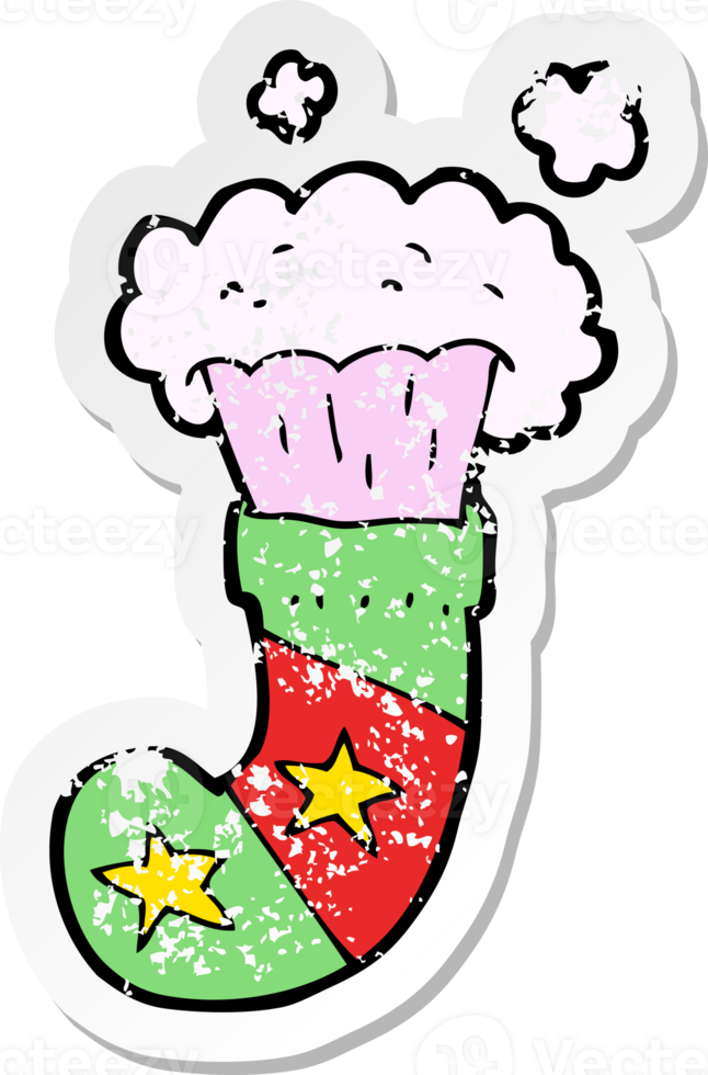 retro distressed sticker of a cartoon magic christmas stocking png