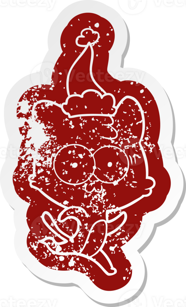 quirky cartoon distressed sticker of a surprised cat running wearing santa hat png