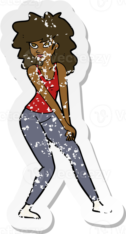 retro distressed sticker of a cartoon woman posing png