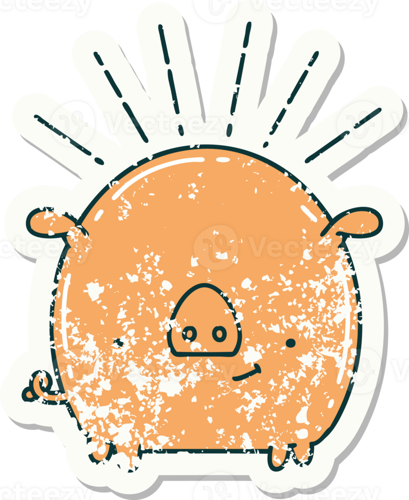 worn old sticker of a tattoo style pig character png