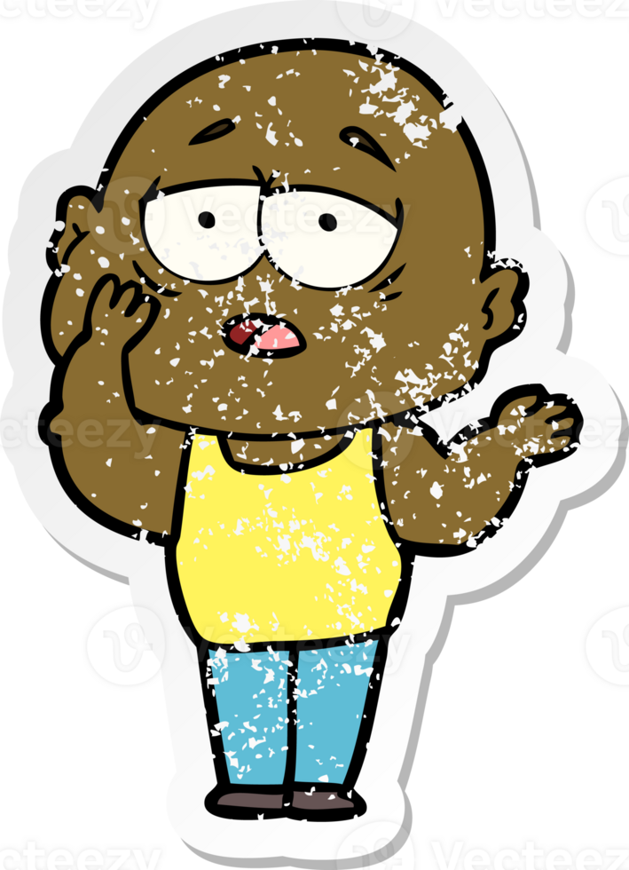 distressed sticker of a cartoon tired bald man png