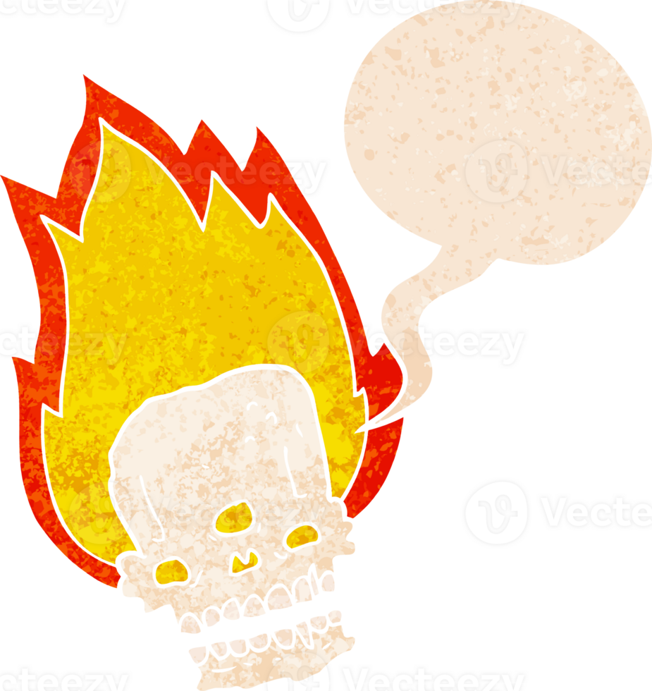 spooky cartoon flaming skull with speech bubble in grunge distressed retro textured style png