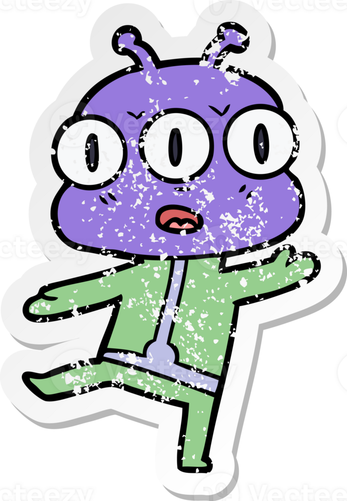 distressed sticker of a cartoon three eyed alien png