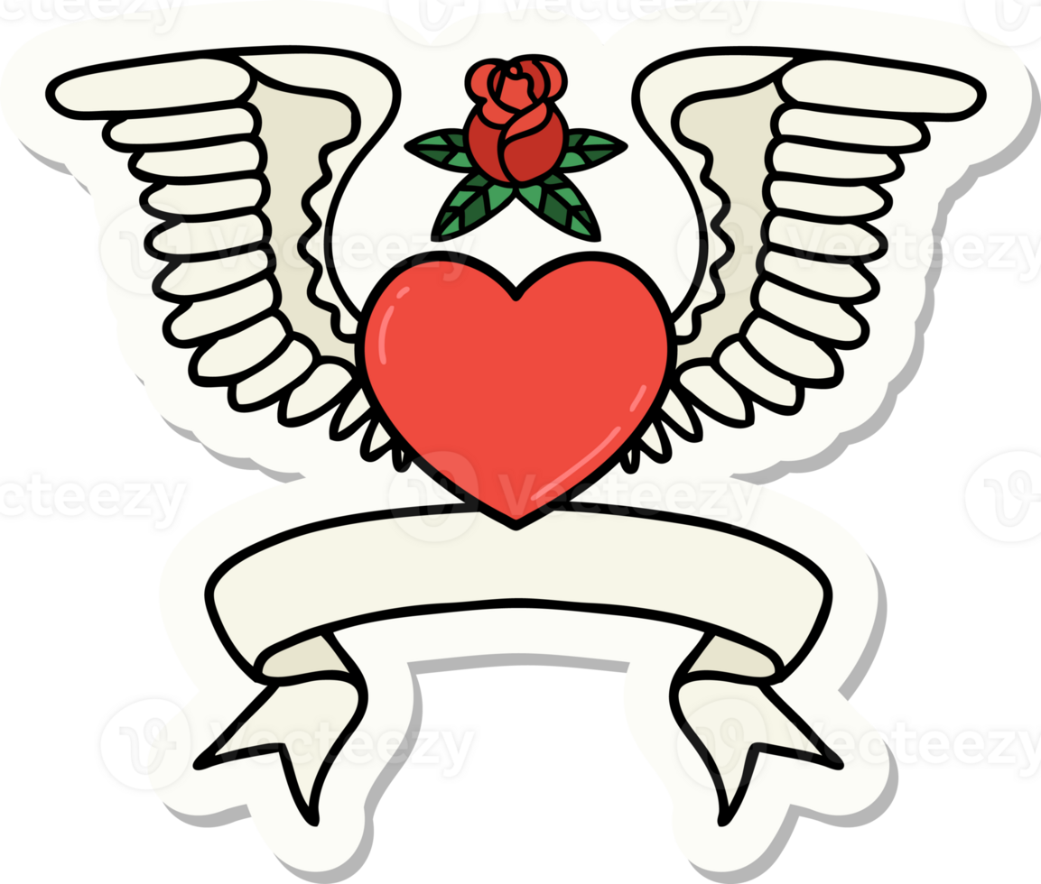 tattoo style sticker with banner of a heart with wings png