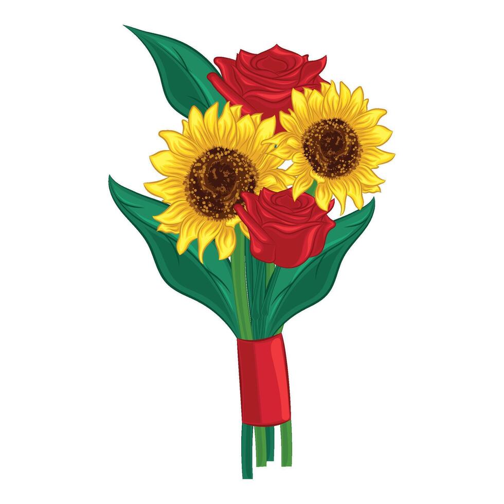 realista detallado Rosa y girasoles ramo de flores vector