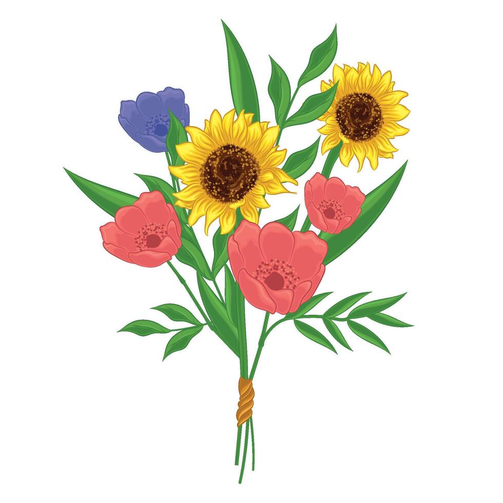 Realistic detailed flowers bouquet. Sunflowers vector
