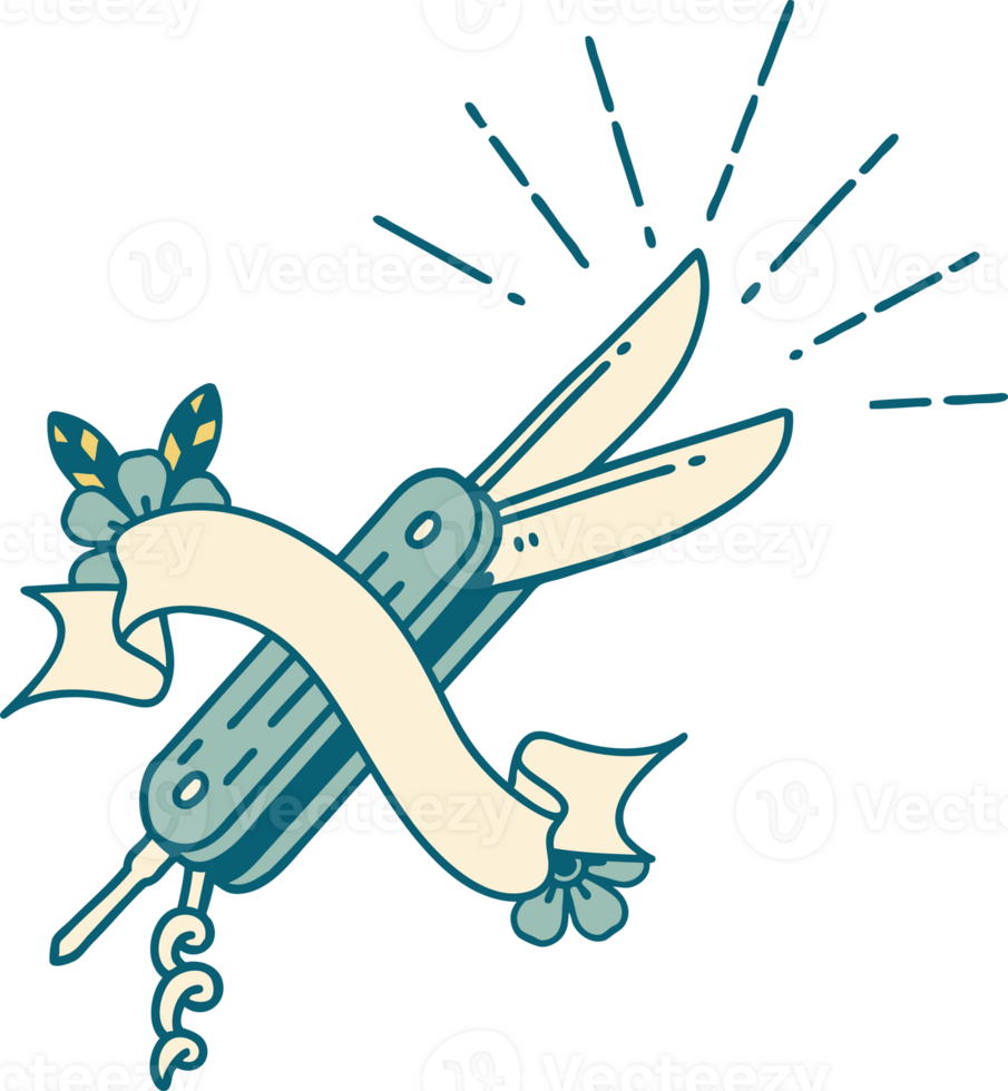 scroll banner with tattoo style folding knife png