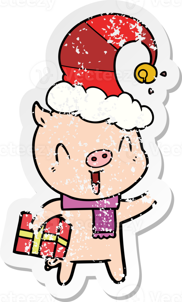 distressed sticker of a happy cartoon pig with xmas present png