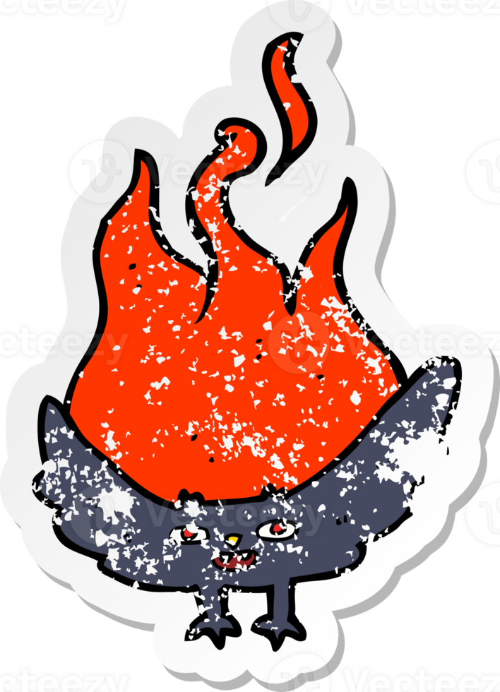 retro distressed sticker of a cartoon flaming halloween bat png