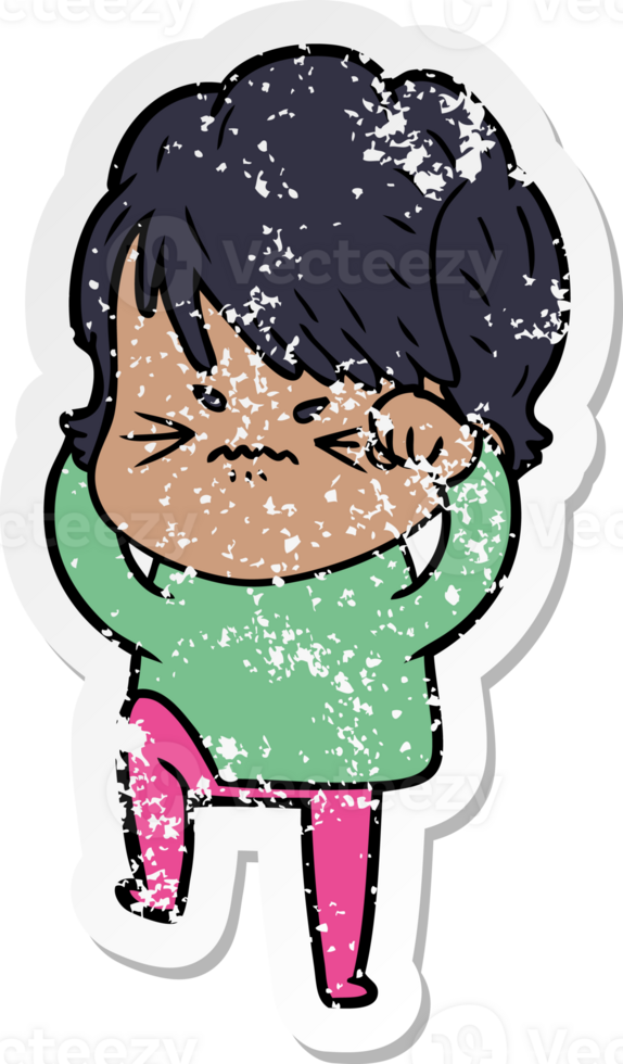 distressed sticker of a cartoon frustrated woman png