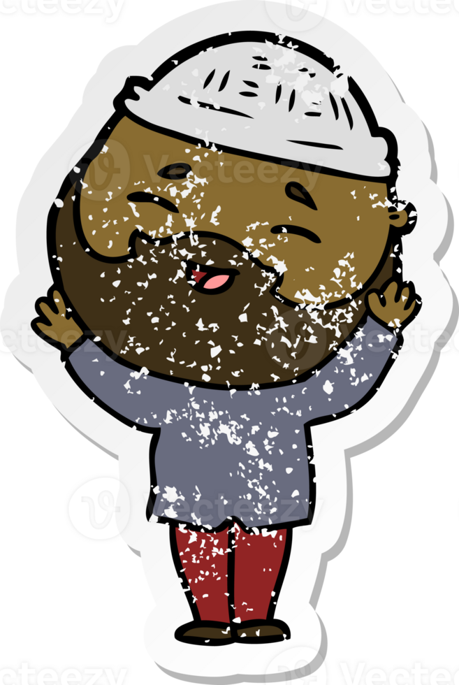 distressed sticker of a cartoon happy bearded man png