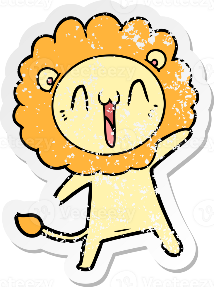 distressed sticker of a happy cartoon lion png