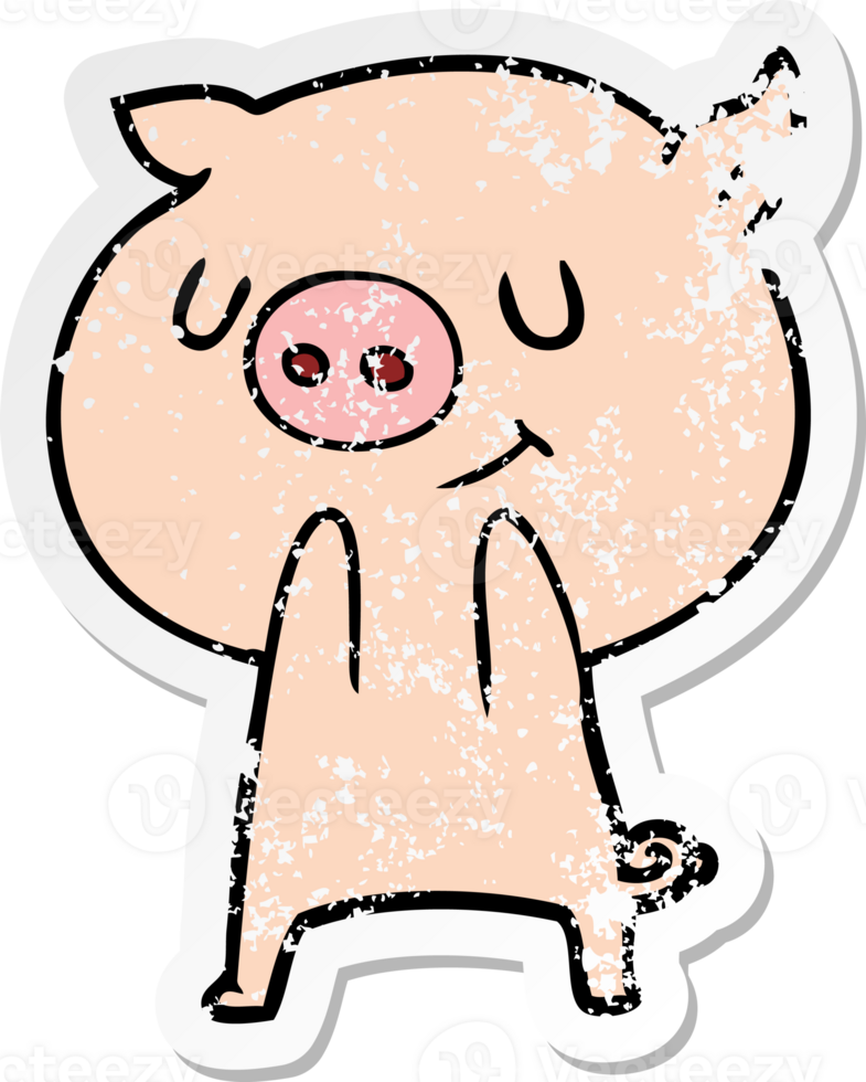 distressed sticker of a happy cartoon pig png