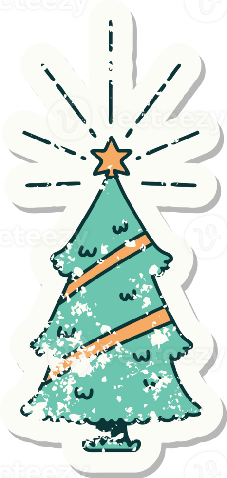 worn old sticker of a tattoo style christmas tree with star png