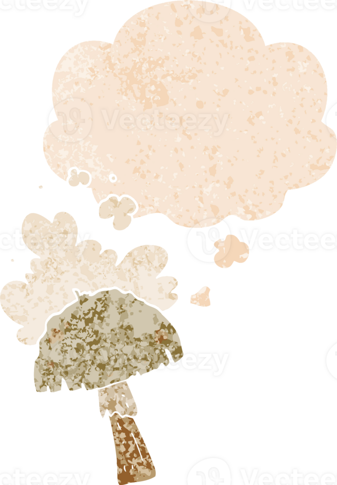 cartoon mushroom with spore cloud with thought bubble in grunge distressed retro textured style png
