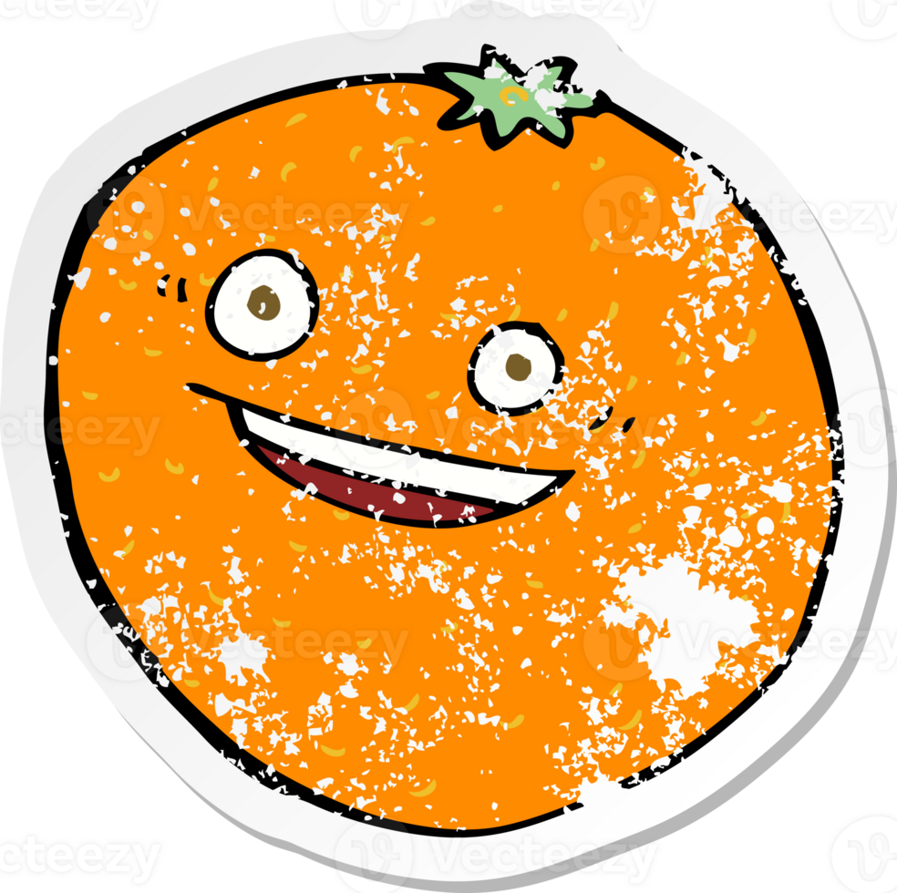 retro distressed sticker of a happy cartoon orange png