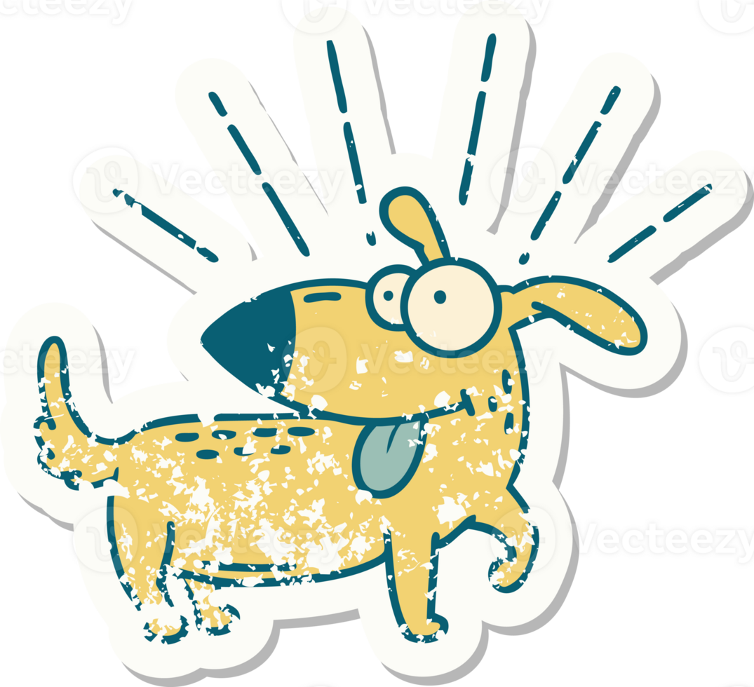 worn old sticker of a tattoo style happy dog png
