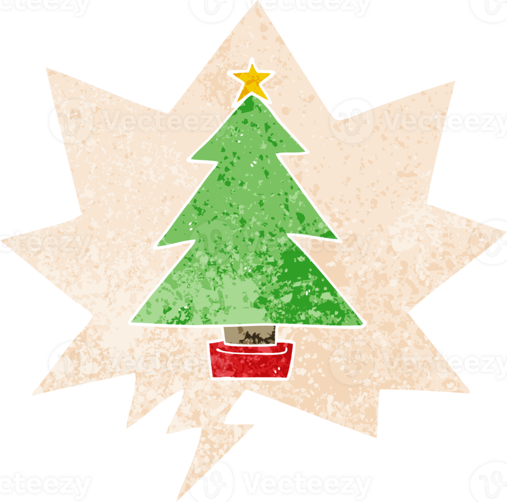 dibujos animados Navidad árbol con habla burbuja en grunge afligido retro texturizado estilo png
