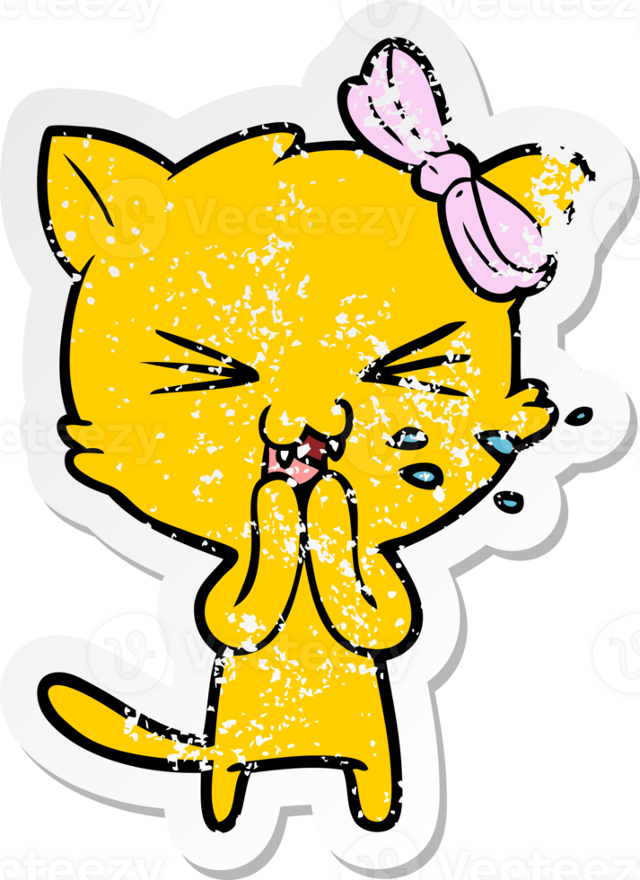distressed sticker of a cartoon cat png