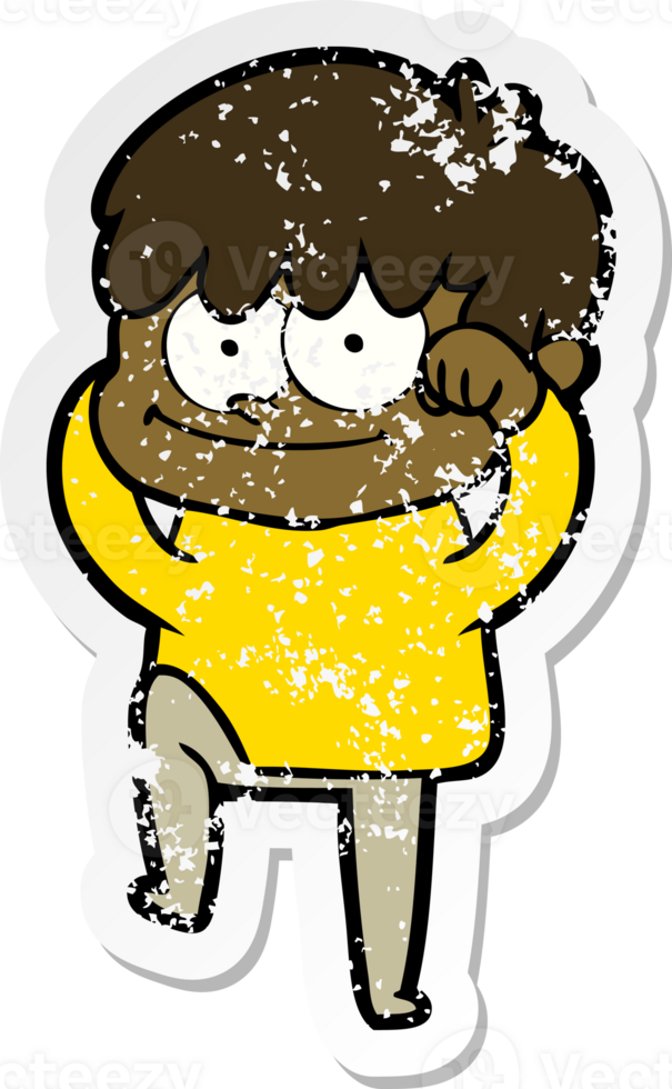 distressed sticker of a happy cartoon man png