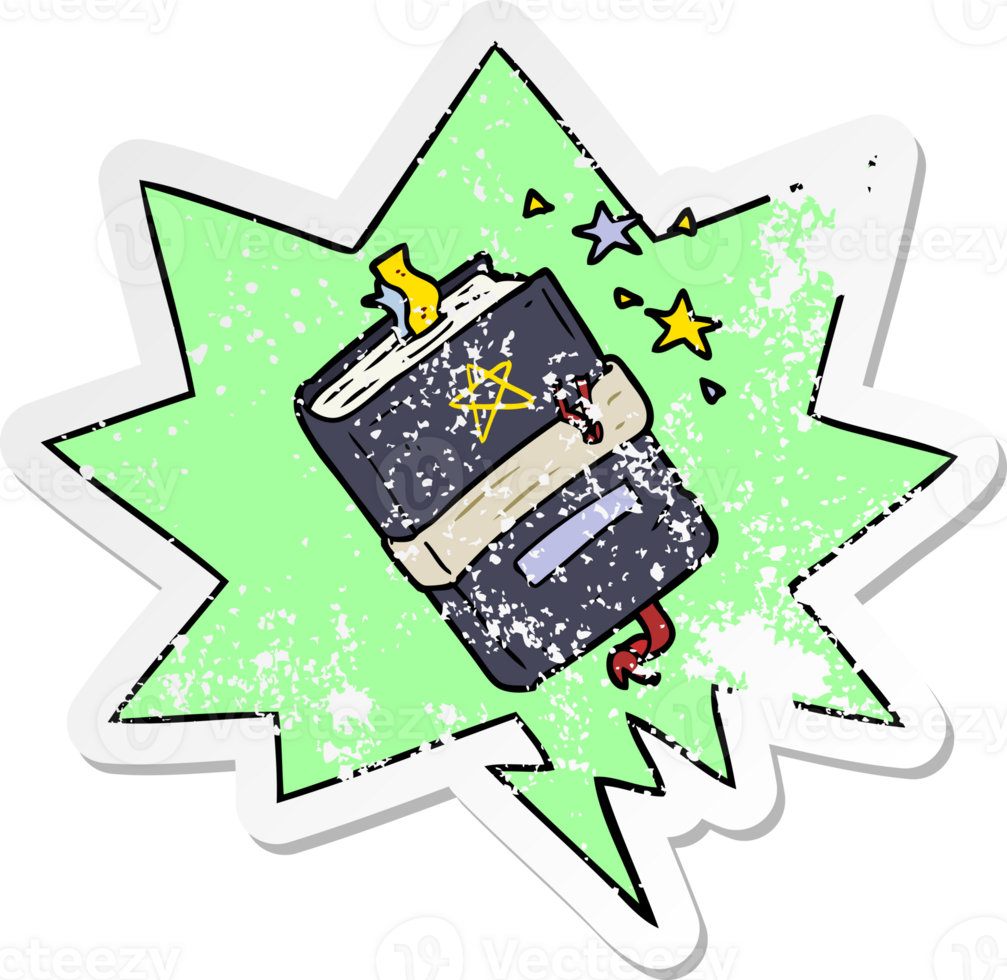 cartoon witch's book of spells with speech bubble distressed distressed old sticker png