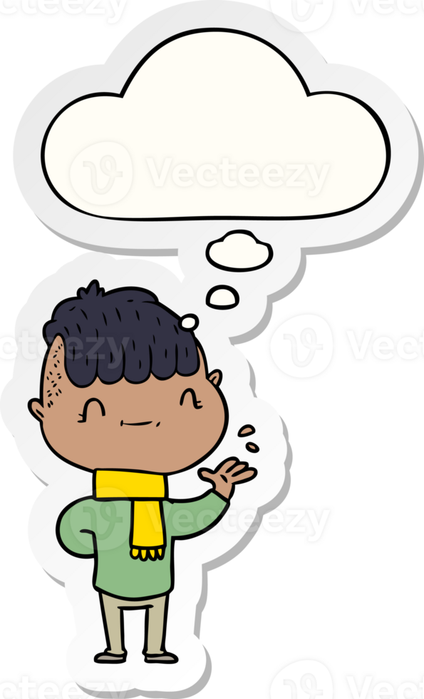cartoon friendly boy with thought bubble as a printed sticker png