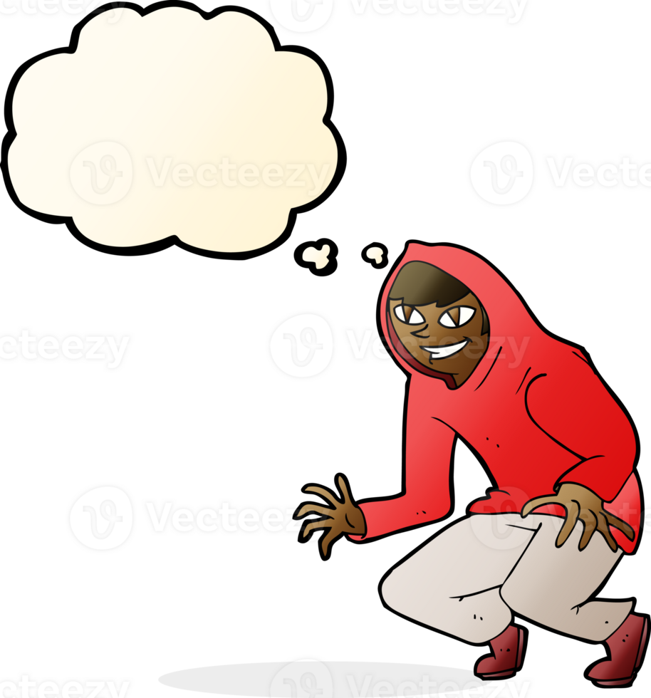 cartoon mischievous boy in hooded top with thought bubble png