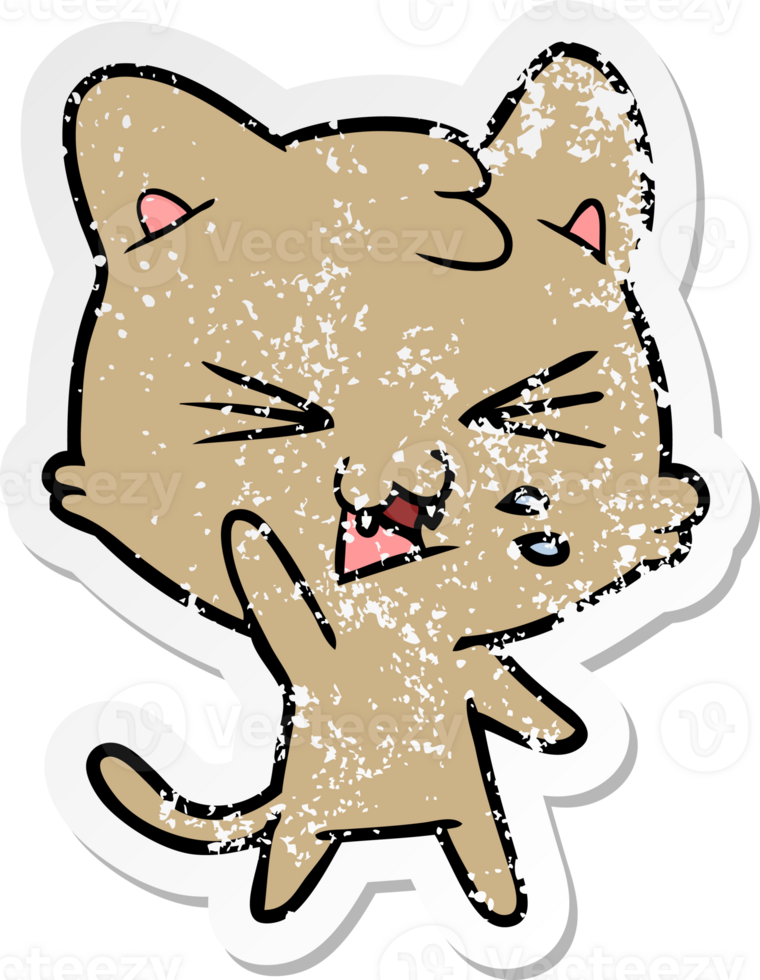 distressed sticker of a cartoon hissing cat png