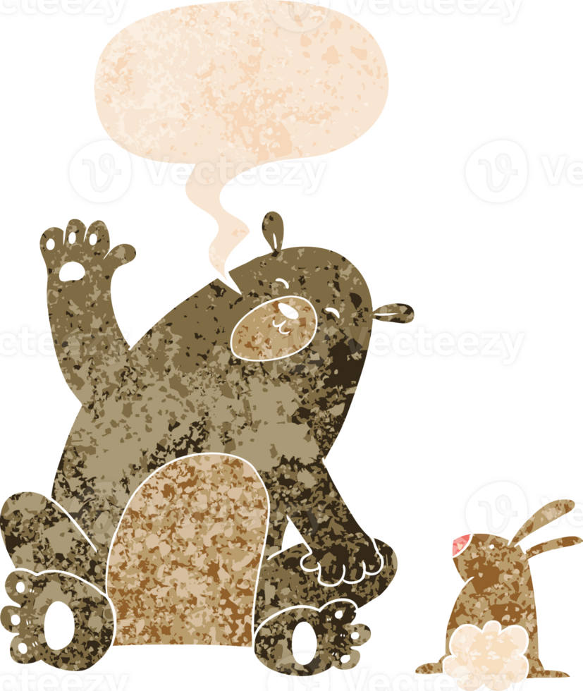 cartoon bear and rabbit friends with speech bubble in grunge distressed retro textured style png