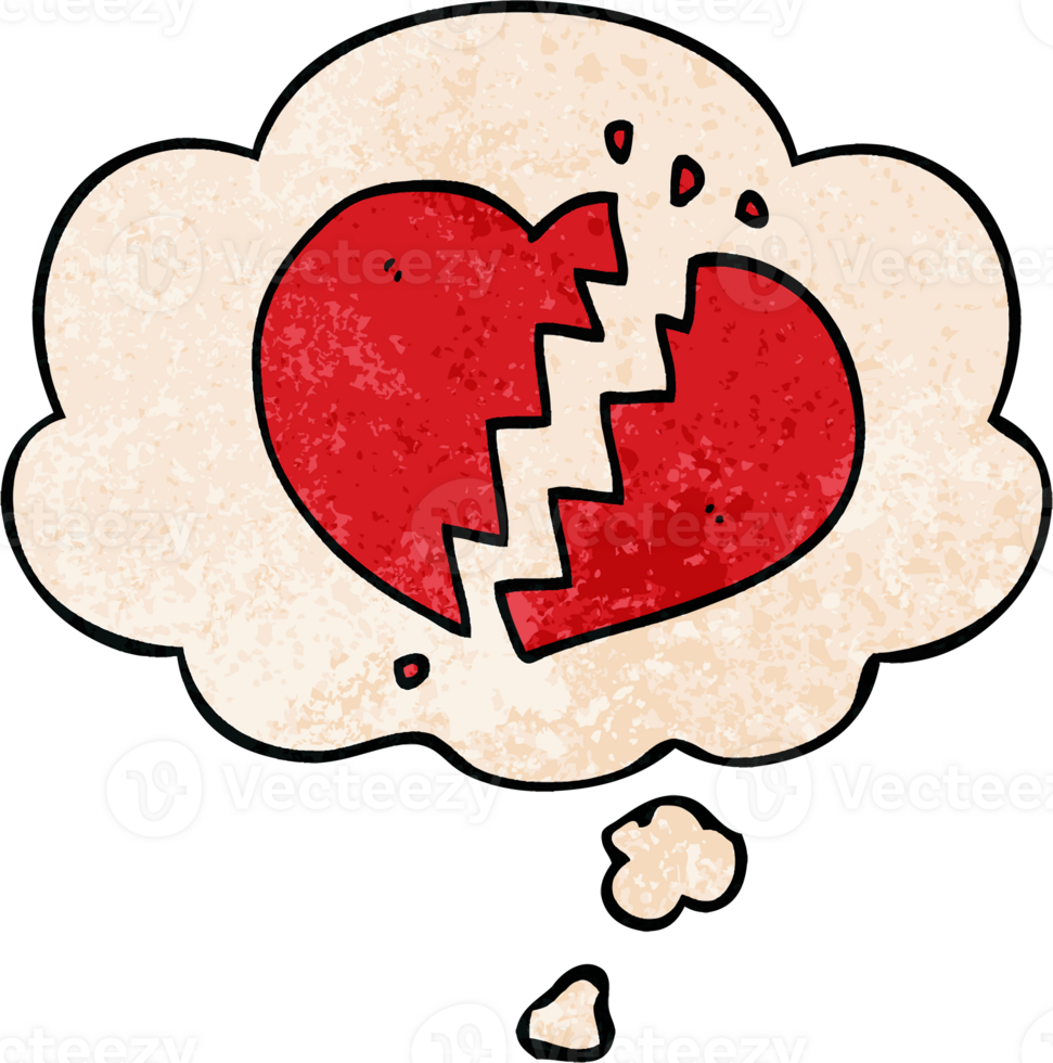 cartoon broken heart with thought bubble in grunge texture style png