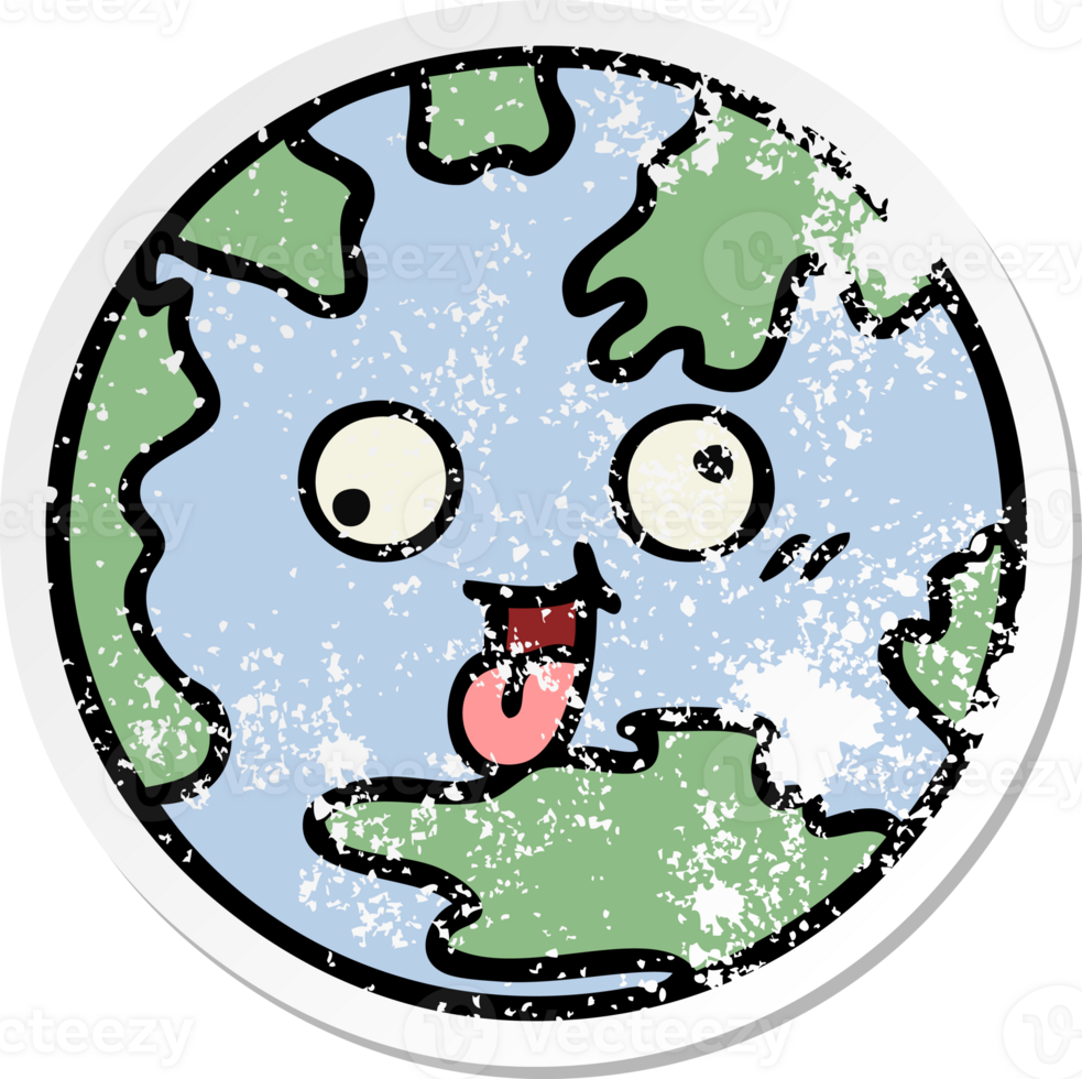 distressed sticker of a cute cartoon planet earth png