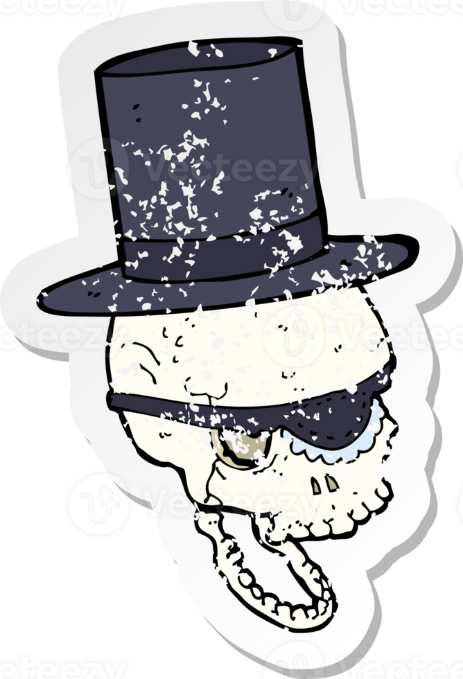 retro distressed sticker of a cartoon skull in top hat png