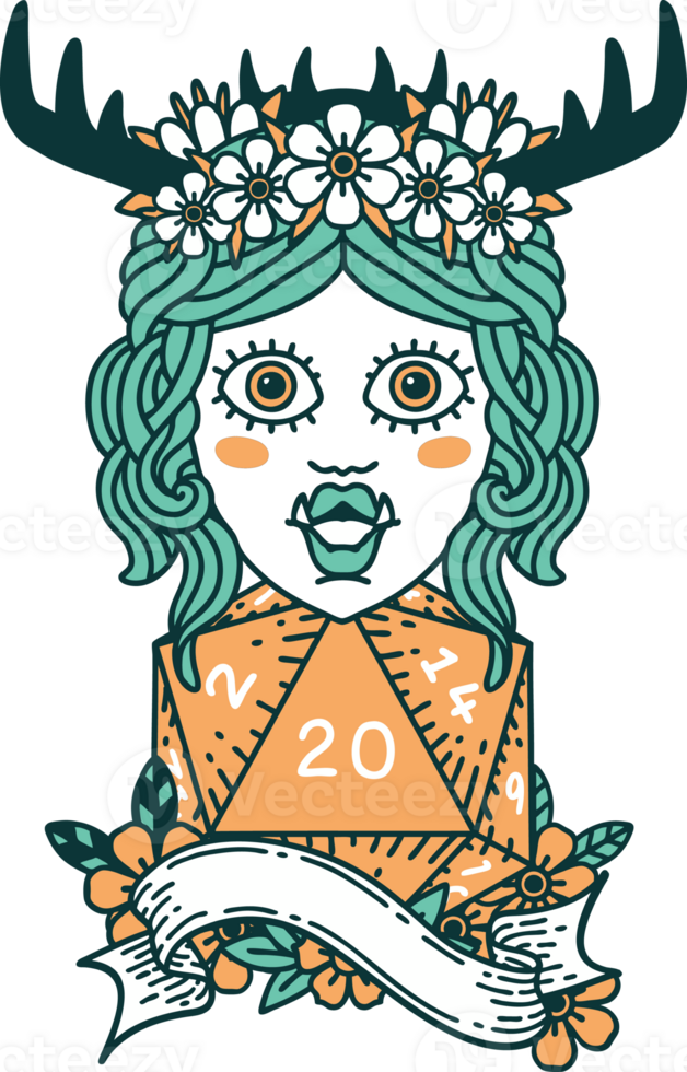 Retro Tattoo Style orc druid character with natural twenty dice roll png