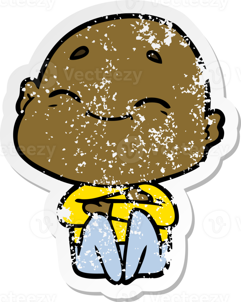distressed sticker of a happy cartoon bald man png