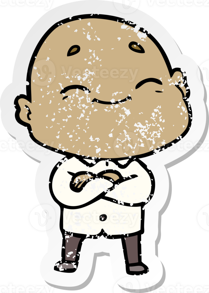 distressed sticker of a cartoon happy bald man png