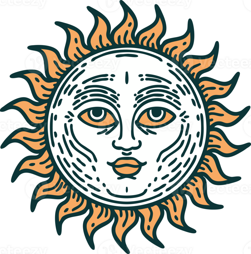 iconic tattoo style image of a sun with face png