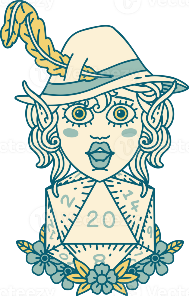 Retro Tattoo Style elf bard character with natural twenty dice roll png