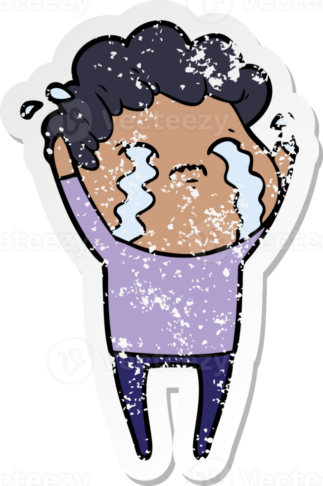 distressed sticker of a cartoon man crying png