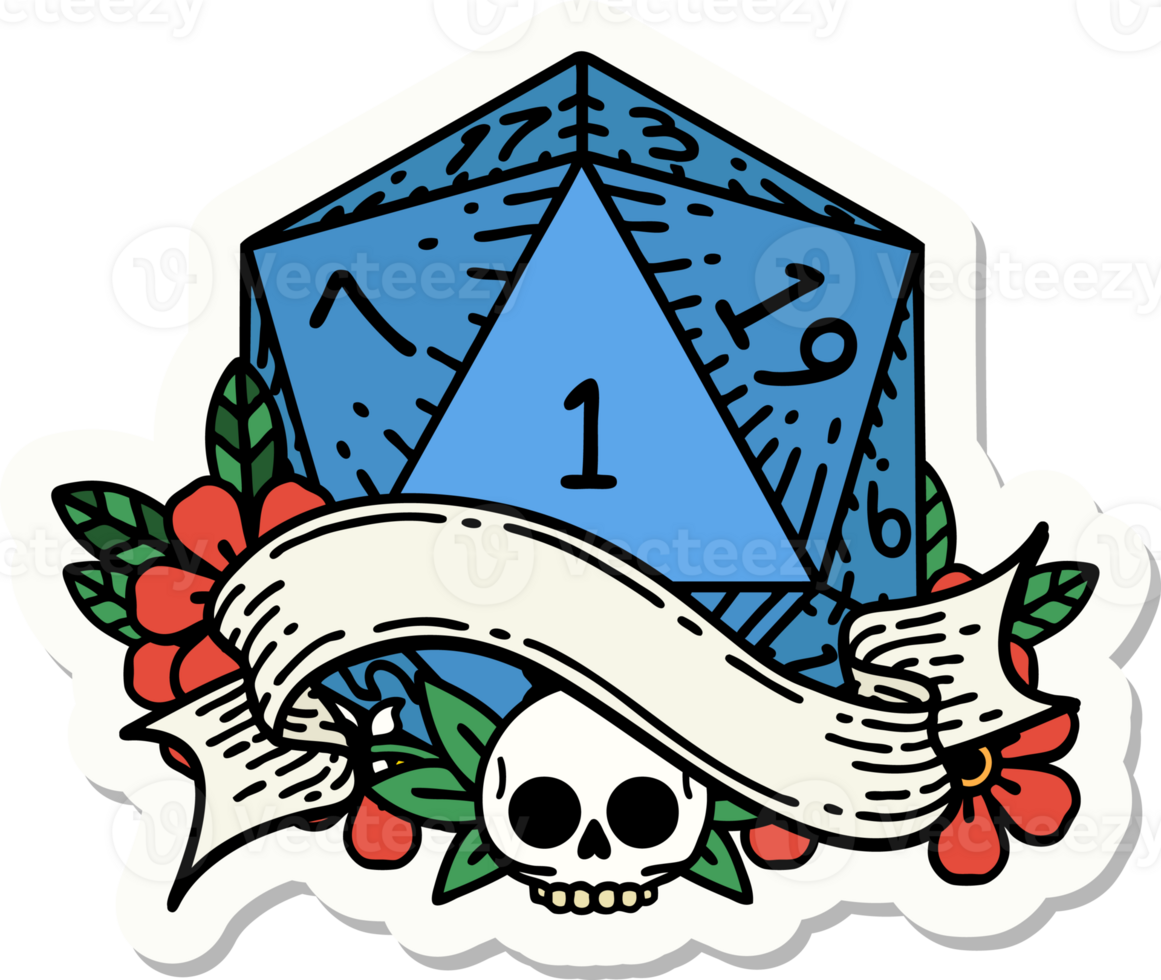 sticker of a natural one d20 dice roll png