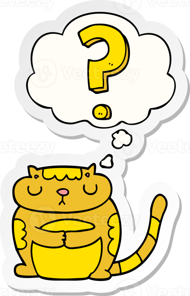 cartoon cat with question mark with thought bubble as a printed sticker png