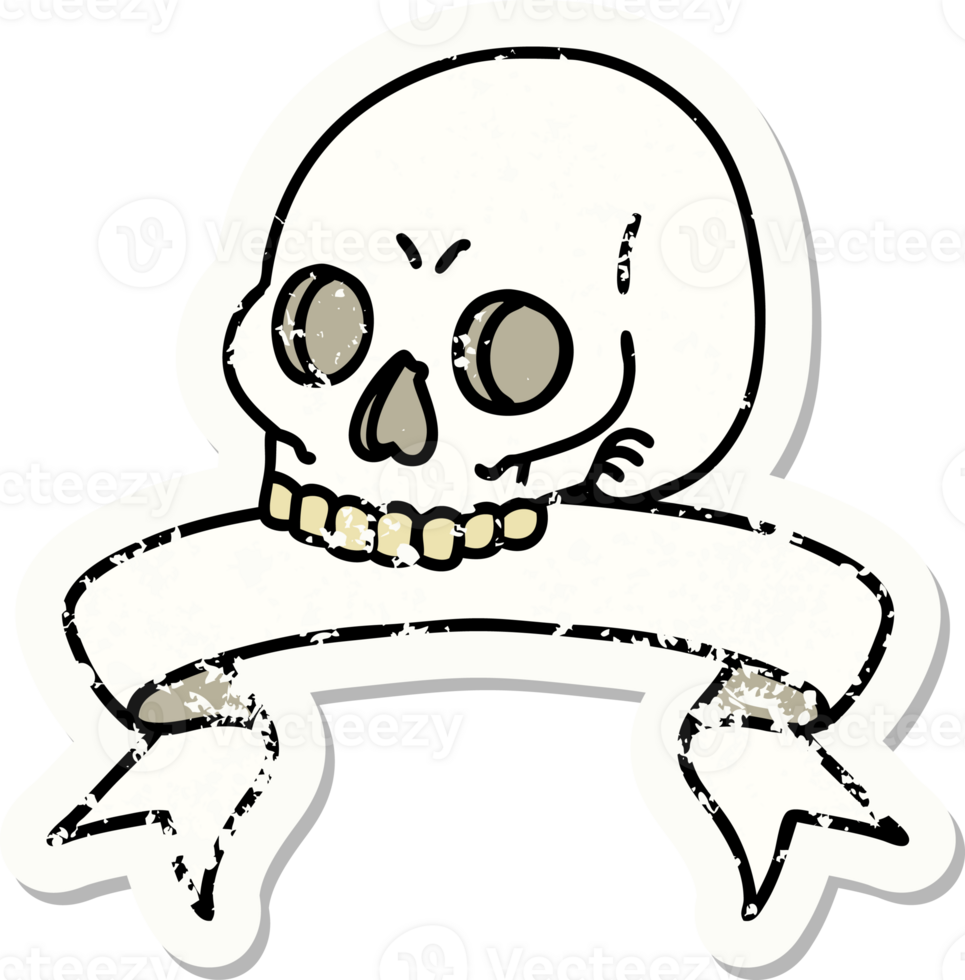 worn old sticker with banner of a skull png