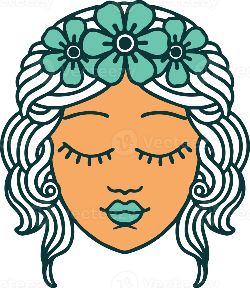iconic tattoo style image of a maidens face png
